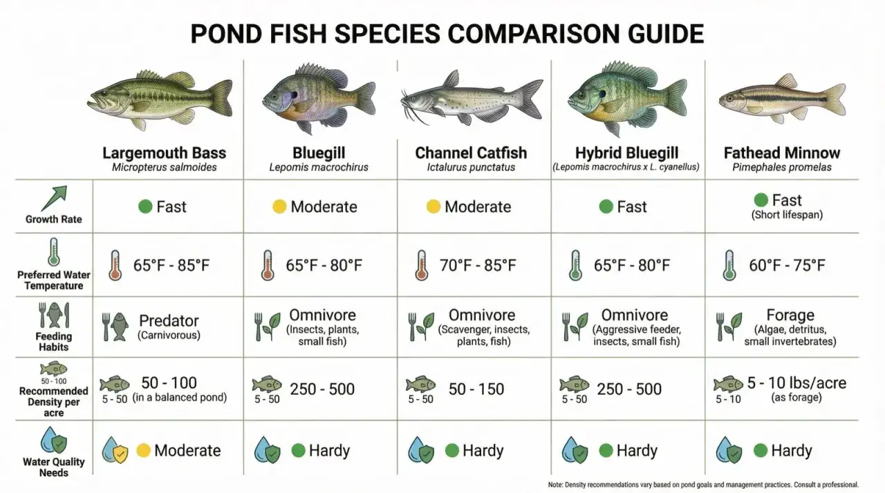 Guide comparatif des poissons d'étang : le poisson omnivore Bluegill se nourrit d'insectes, de plantes et de petits poissons.