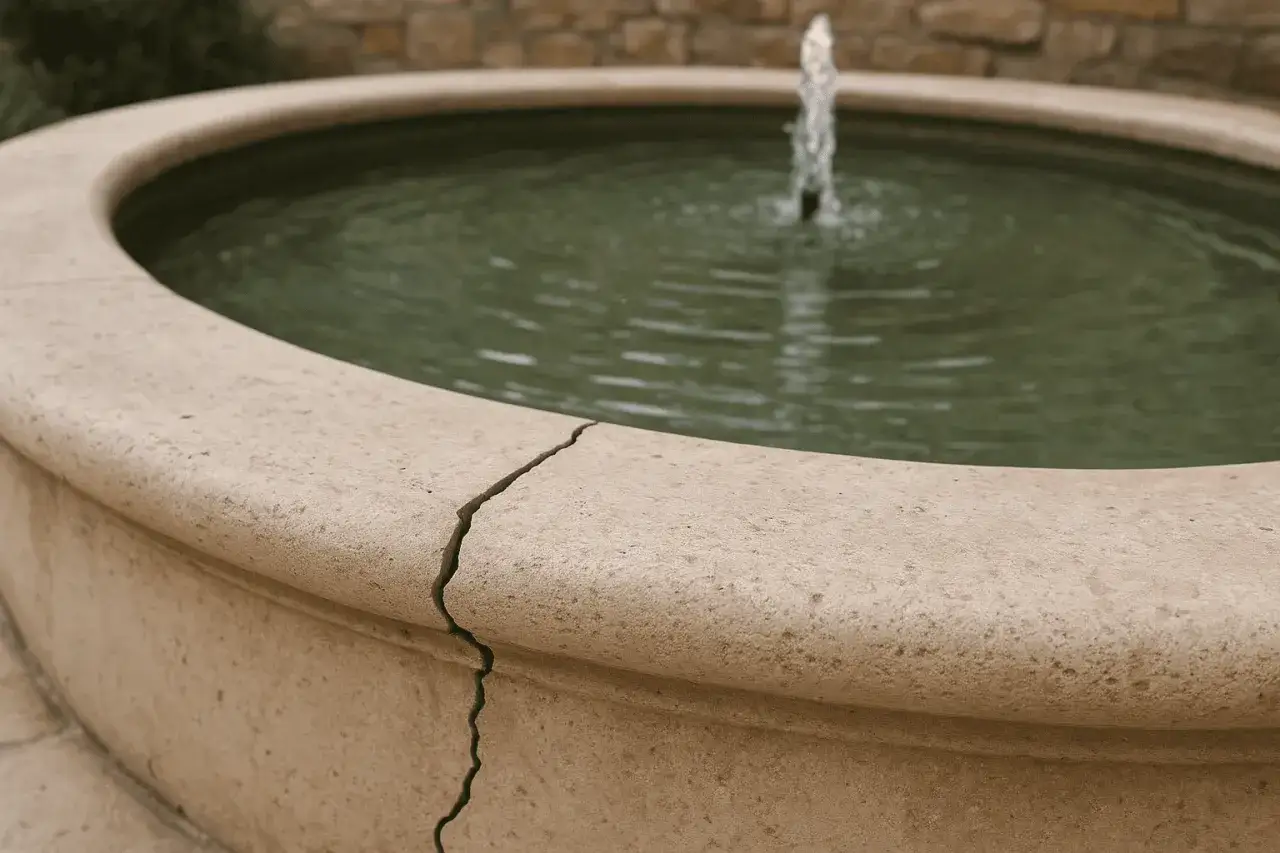 Bassin de fontaine en pierre avec une fissure visible. Une petite fontaine jaillit au centre. Comment étanchéifier un bassin fissuré ?