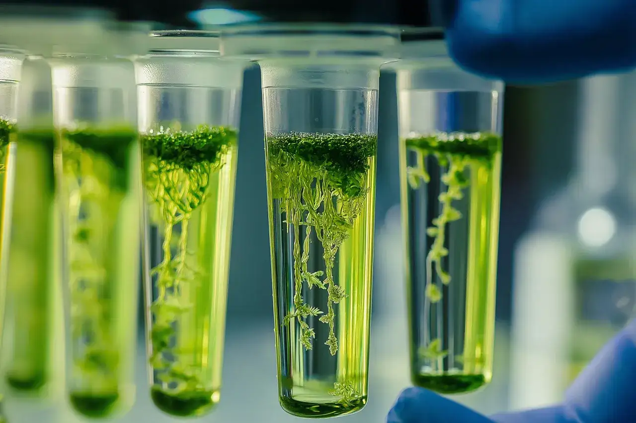 Des &eacute;prouvettes remplies d'un liquide vert vif, abritant des algues microscopiques en croissance.