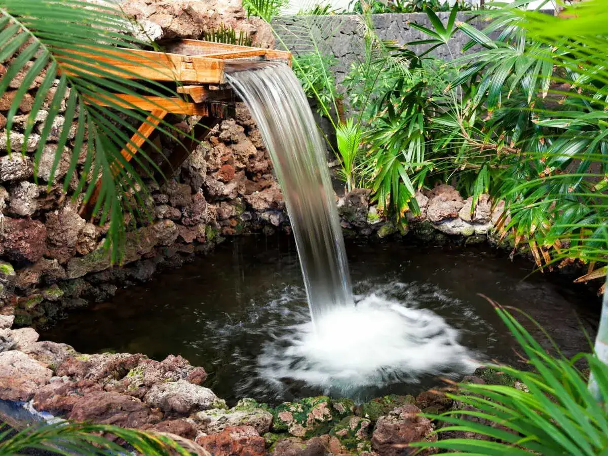 Une cascade en bois, entourée de roches volcaniques et de végétation luxuriante, tombe dans un petit bassin.