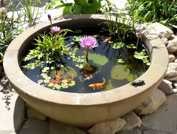 Un bassin de jardin abrite des poissons koï colorés nageant autour d'une magnifique fleur aquatique rose. Un petit amphibien se repose sur le bord.